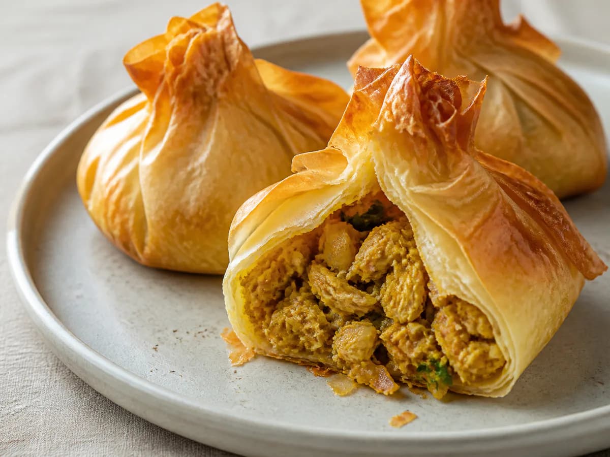 Pormenor de uma porção de Chamucas de Frango com Caril