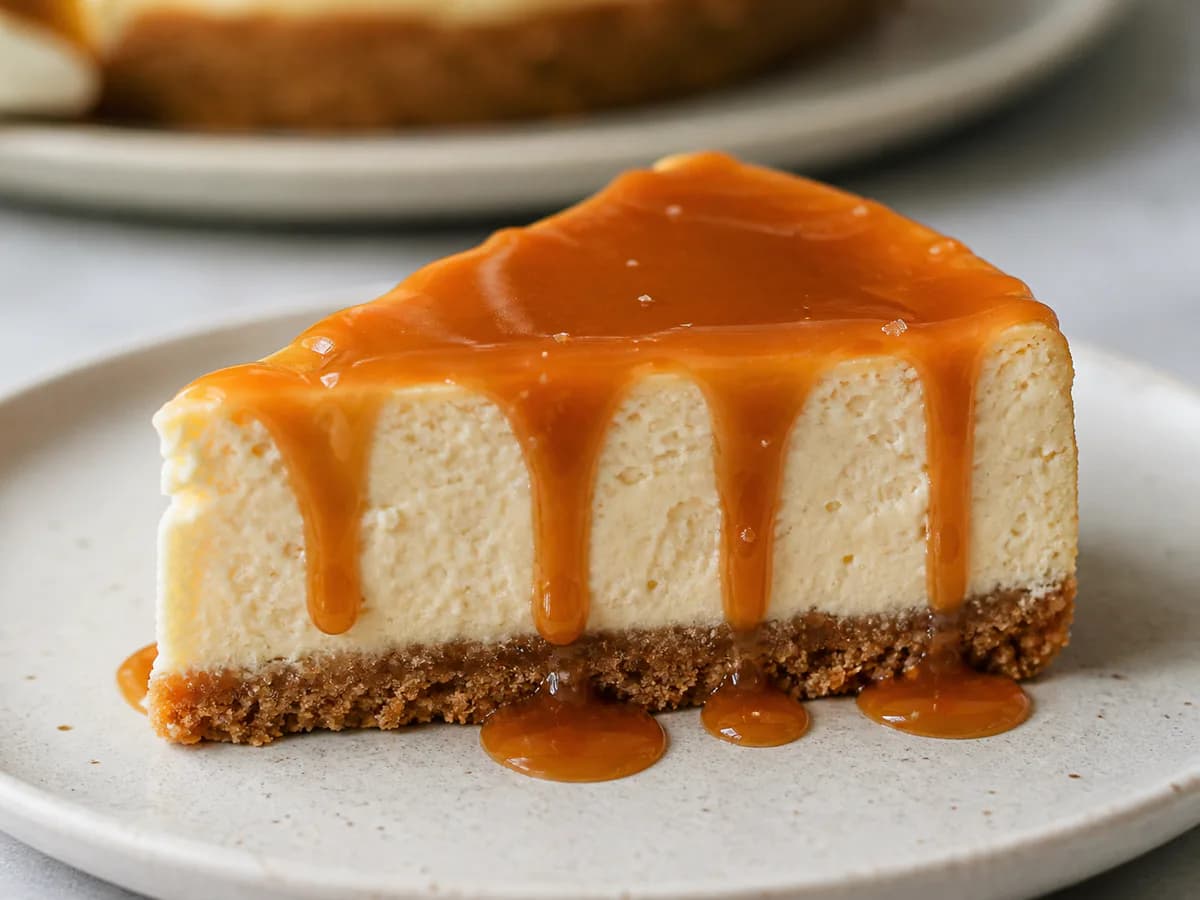 Pormenor de uma porção de Cheesecake de Caramelo Salgado