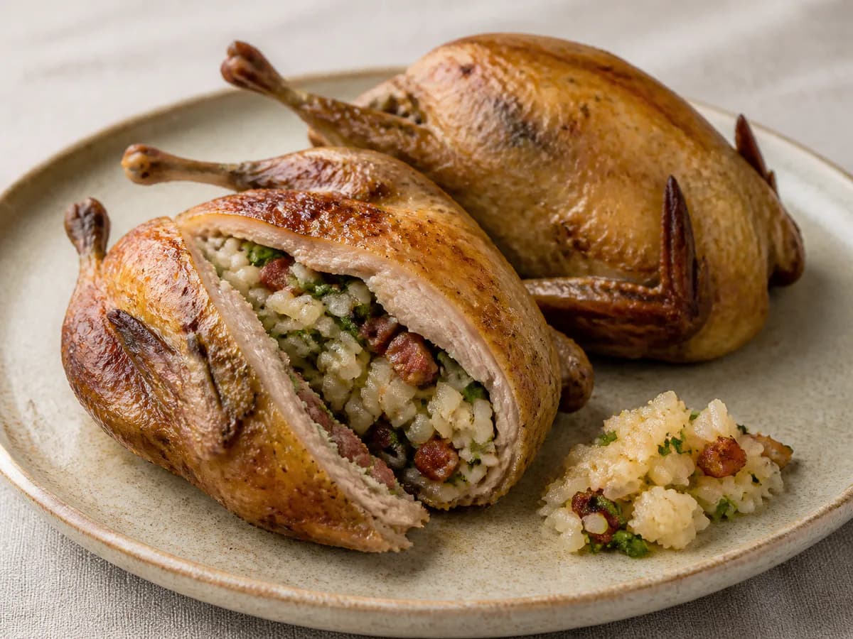 Pormenor de uma porção de Codornizes Recheadas com Arroz e Ervas