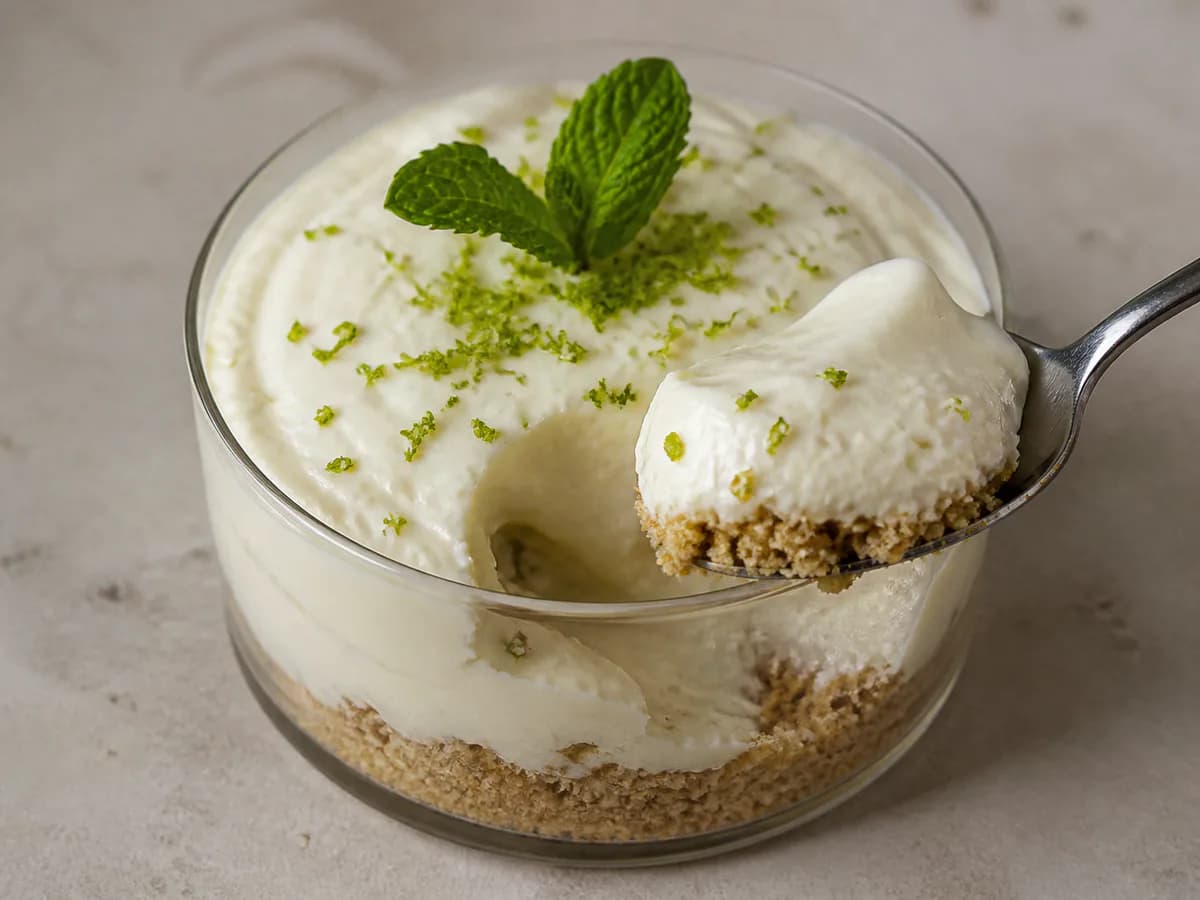Pormenor de uma porção de Creme de Lima com Bolacha