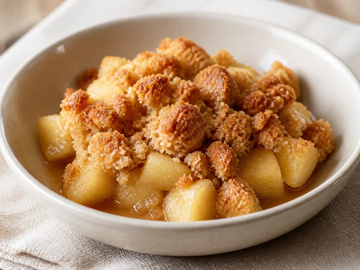 Pormenor de uma porção de Crumble de Maçã