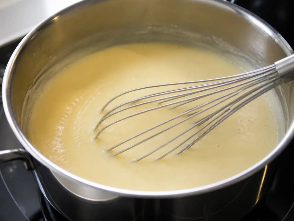 Preparação de Doce de Bolacha com Creme de Quatro Gemas durante a confeção
