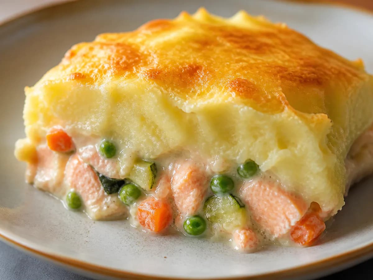 Pormenor de uma porção de Empadão de Salmão Cremoso