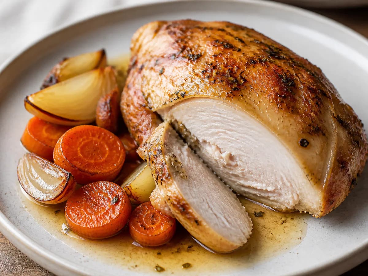 Pormenor de uma porção de Frango Assado com Mostarda e Ervas