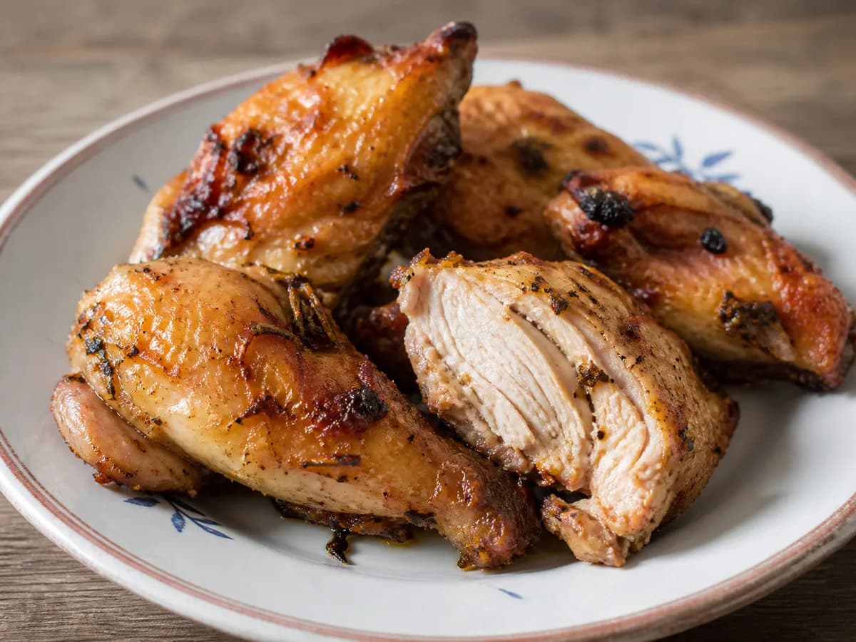 Pormenor de uma porção de Frango Assado no Churrasco