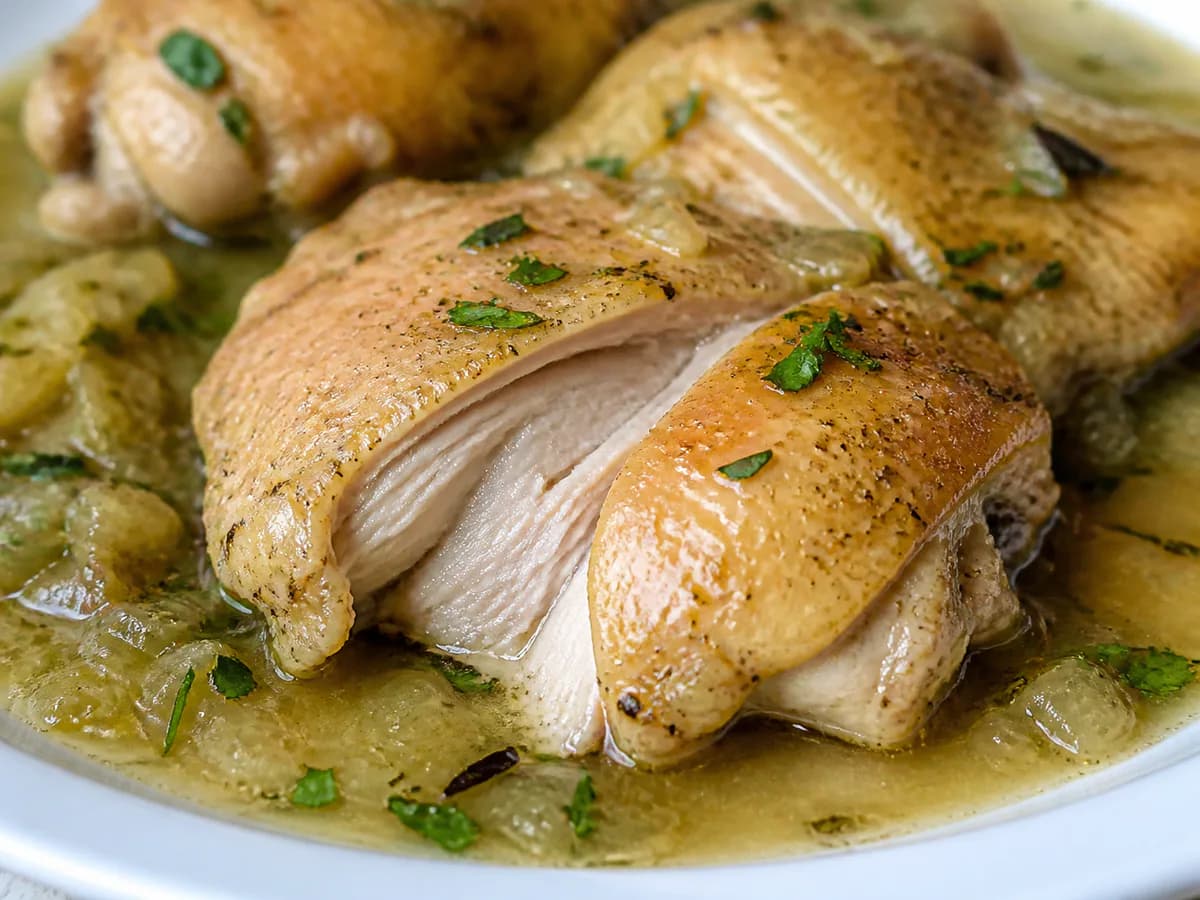 Pormenor de uma porção de Frango em Vinho Branco Aromático