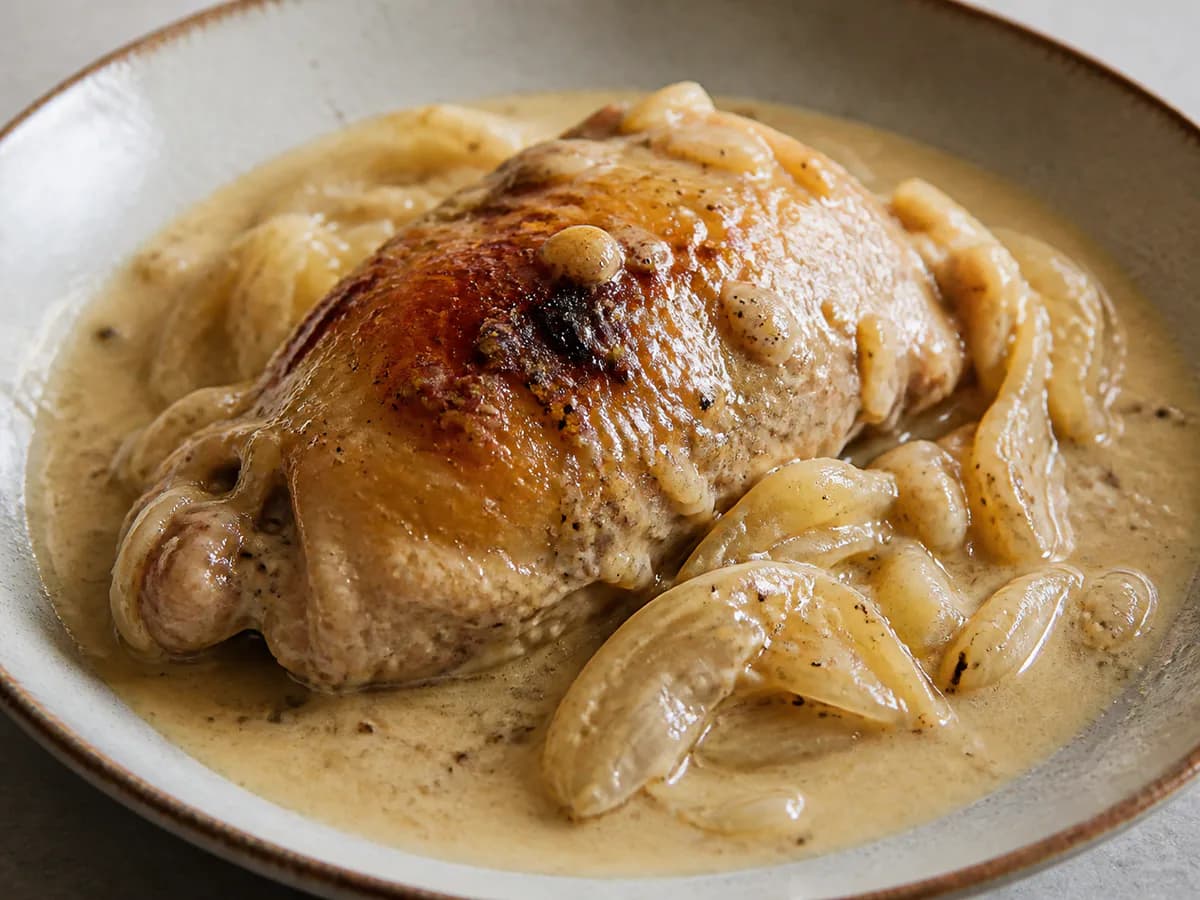 Pormenor de uma porção de Frango com Natas no Forno