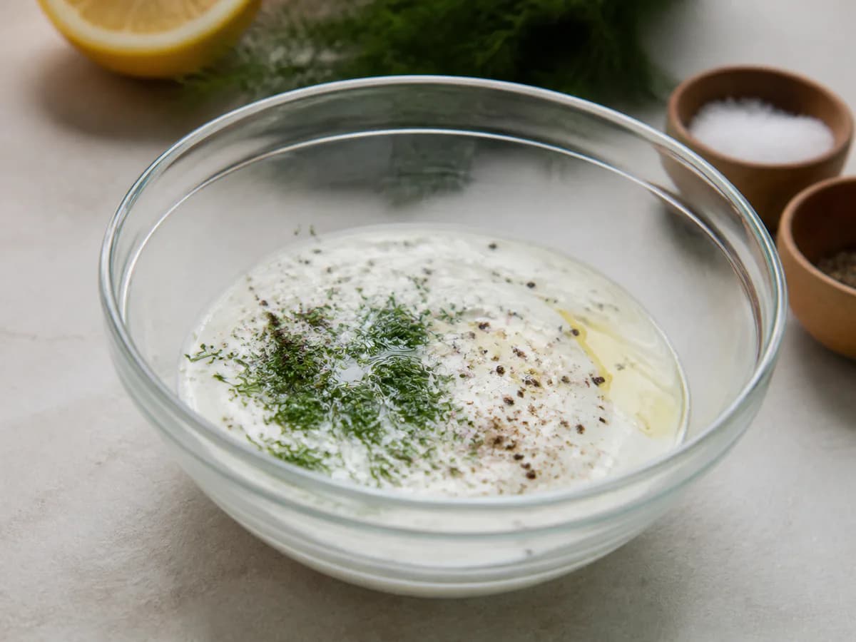 Preparação de Hambúrgueres de Salmão Fresco com Molho de Iogurte e Ervas durante a confeção