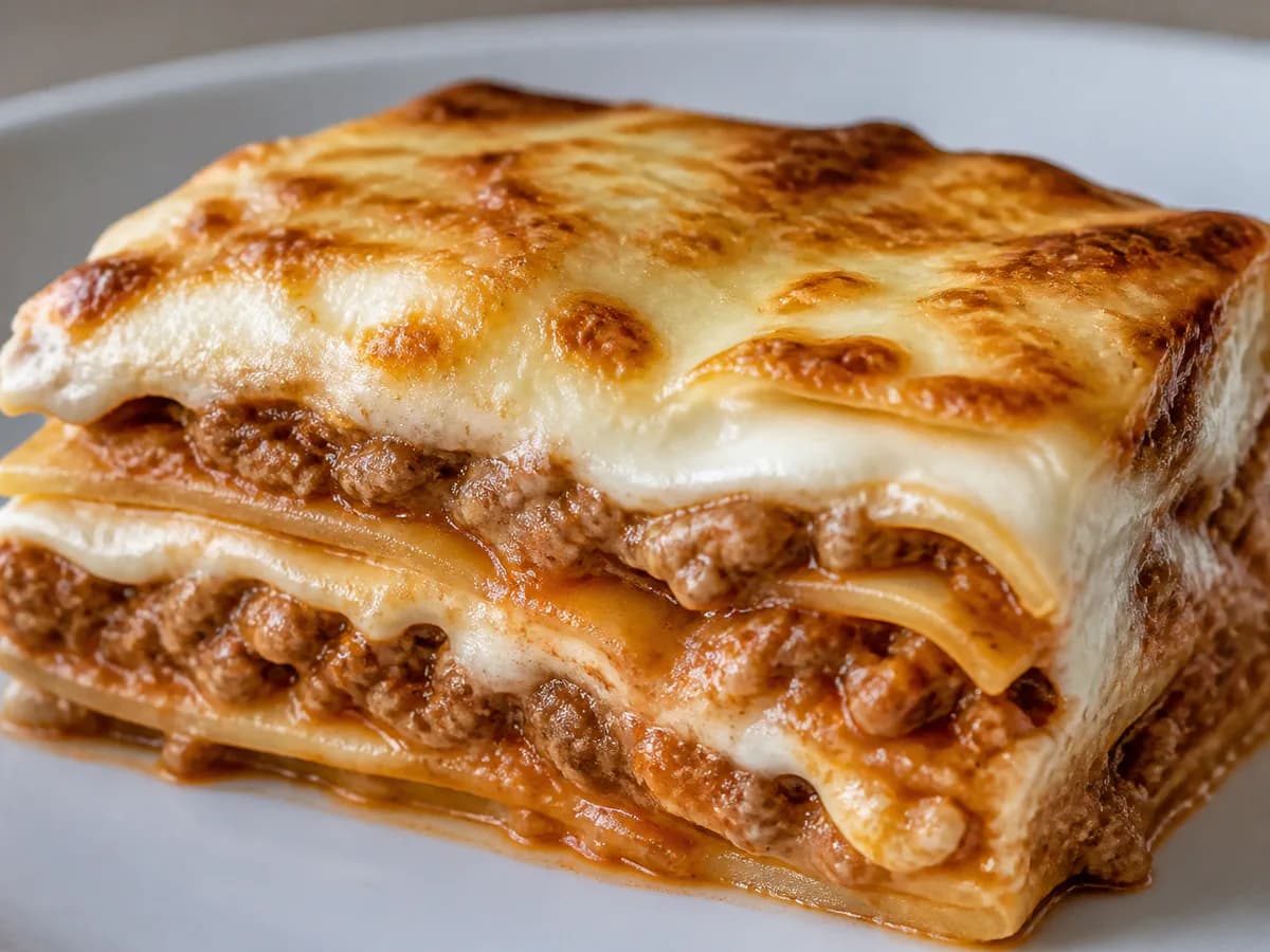 Pormenor de uma porção de Lasanha à Bolonhesa Cremosa