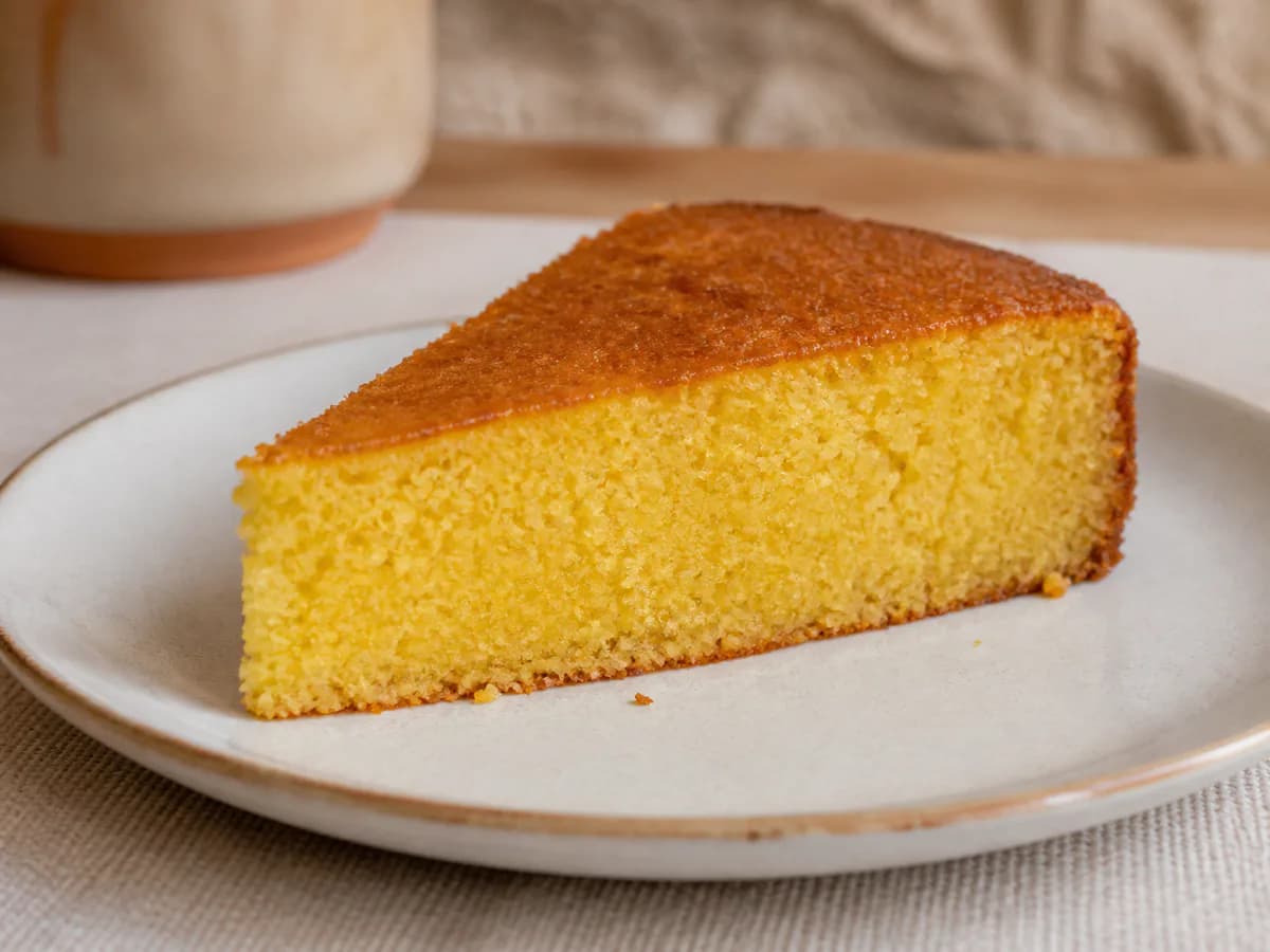 Pormenor de uma porção de Melhor Bolo de Laranja Húmido