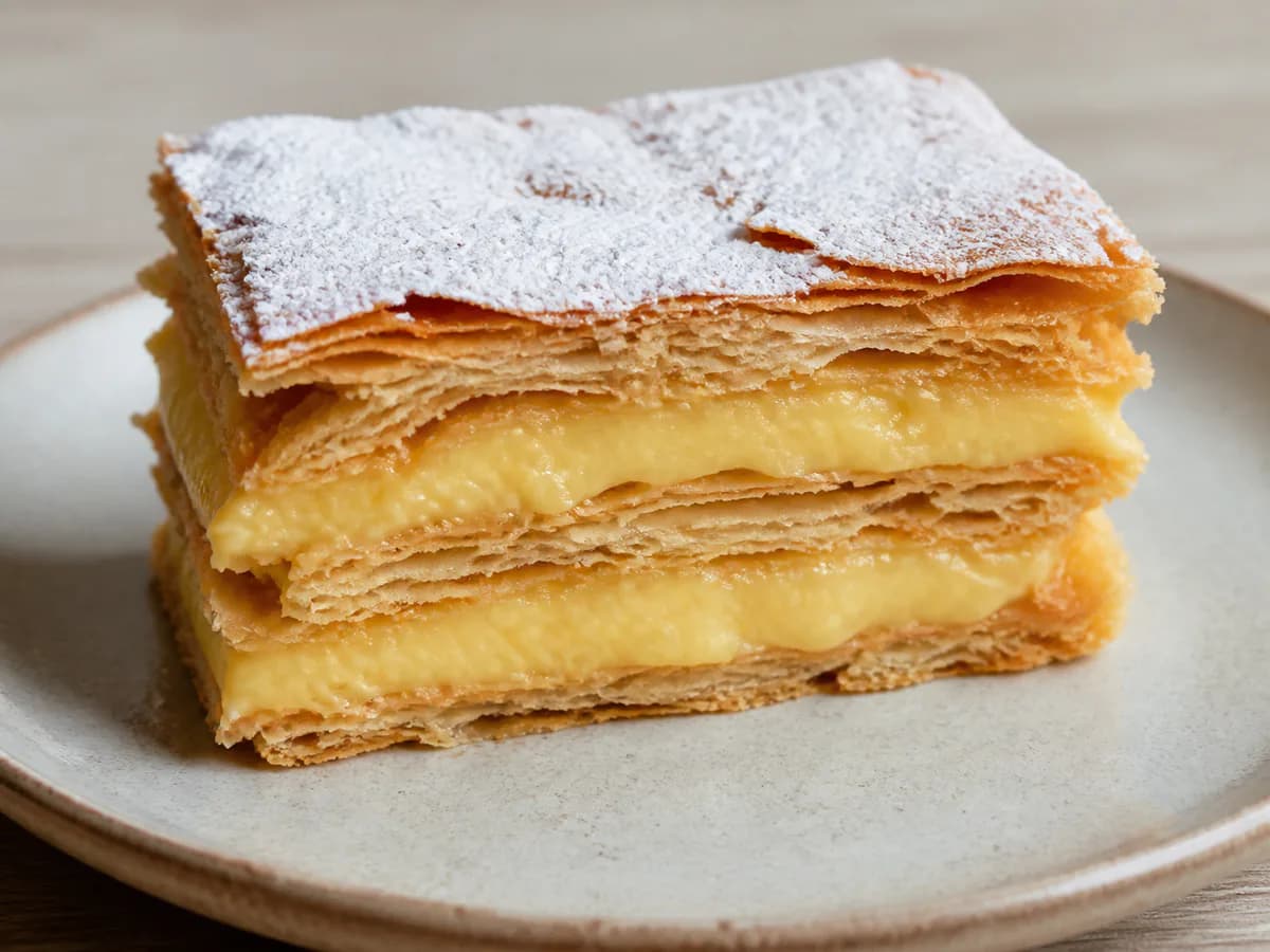 Pormenor de uma porção de Mil-folhas de Pastel de Nata