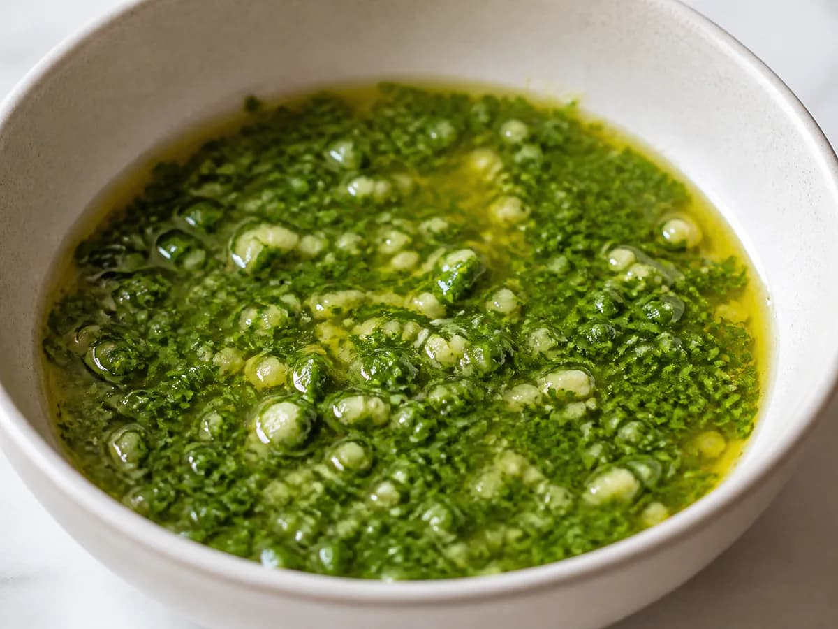 Pormenor de uma porção de Molho de Salsa e Limão para Peixe Grelhado