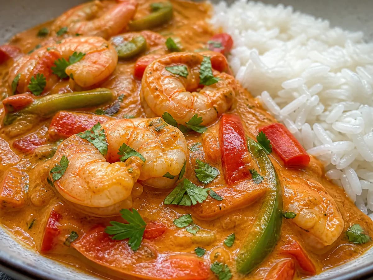 Pormenor de uma porção de Moqueca de Camarão com Leite de Coco