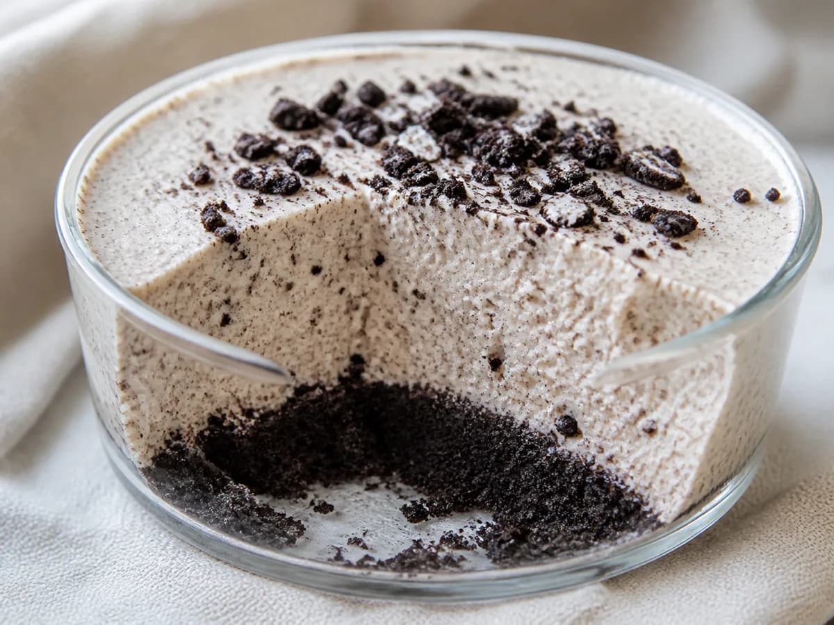 Pormenor de uma porção de Mousse Deliciosa de Oreo