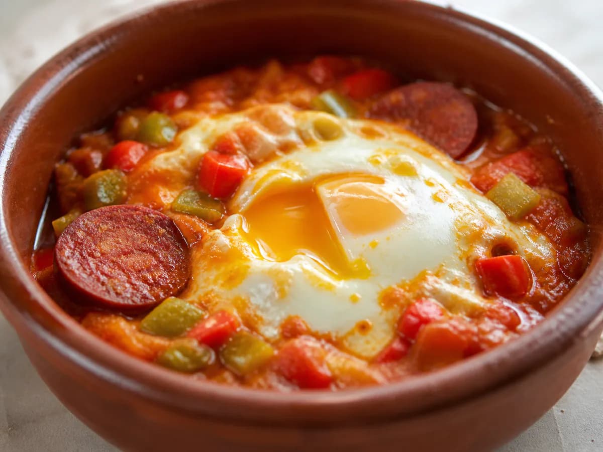 Pormenor de uma porção de Ovos No Forno À Espanhola