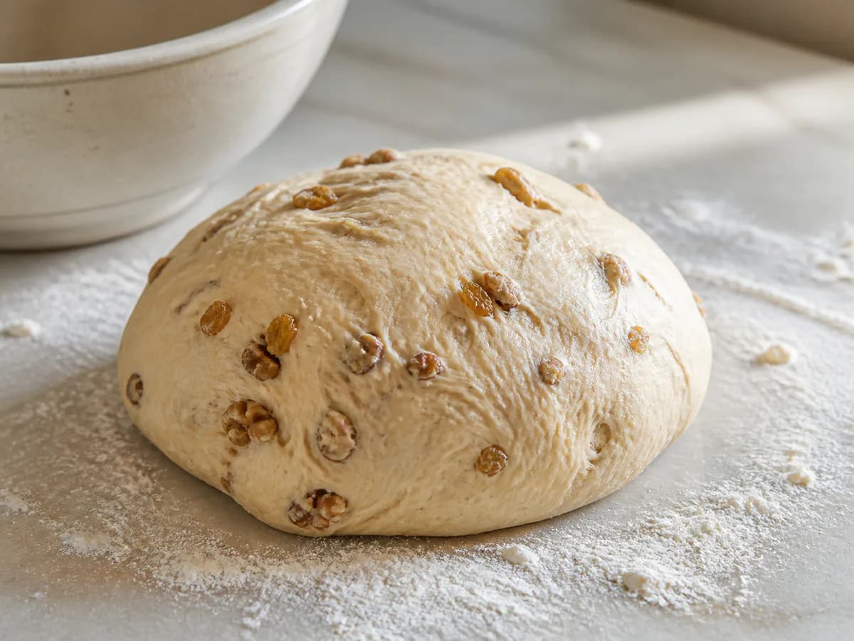 Preparação de Pão de Nozes e Passas durante a confeção
