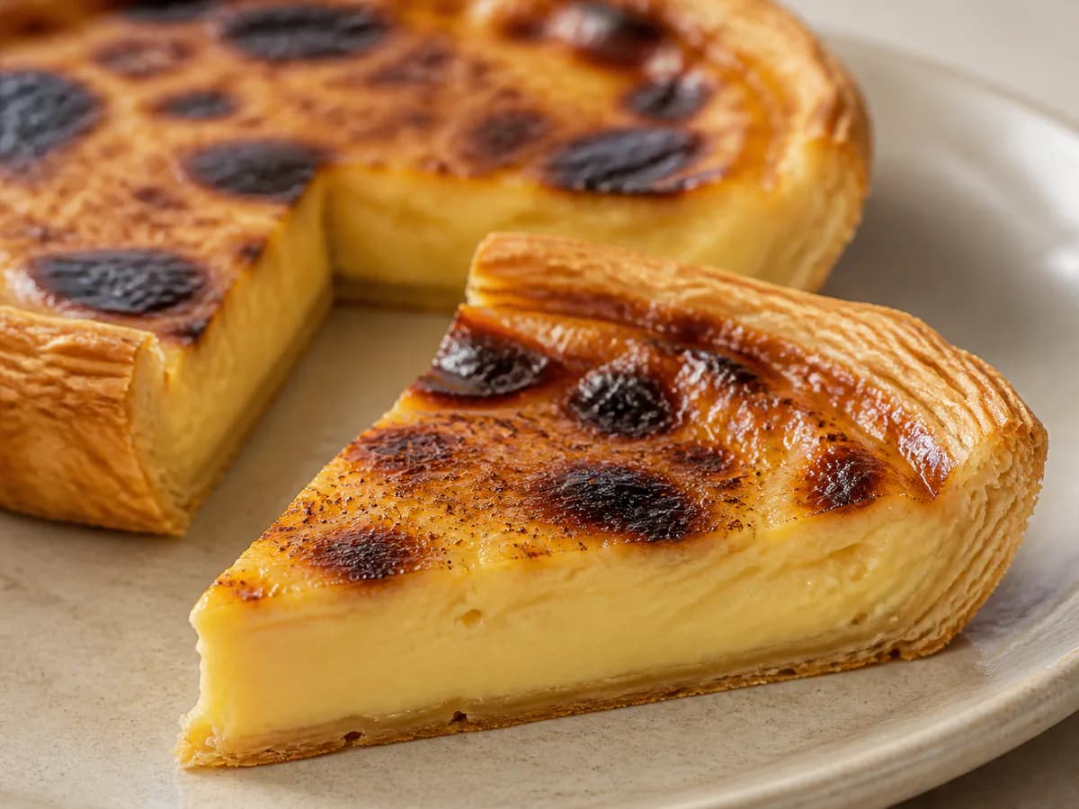 Pormenor de uma porção de Pastel de Nata em Tarte