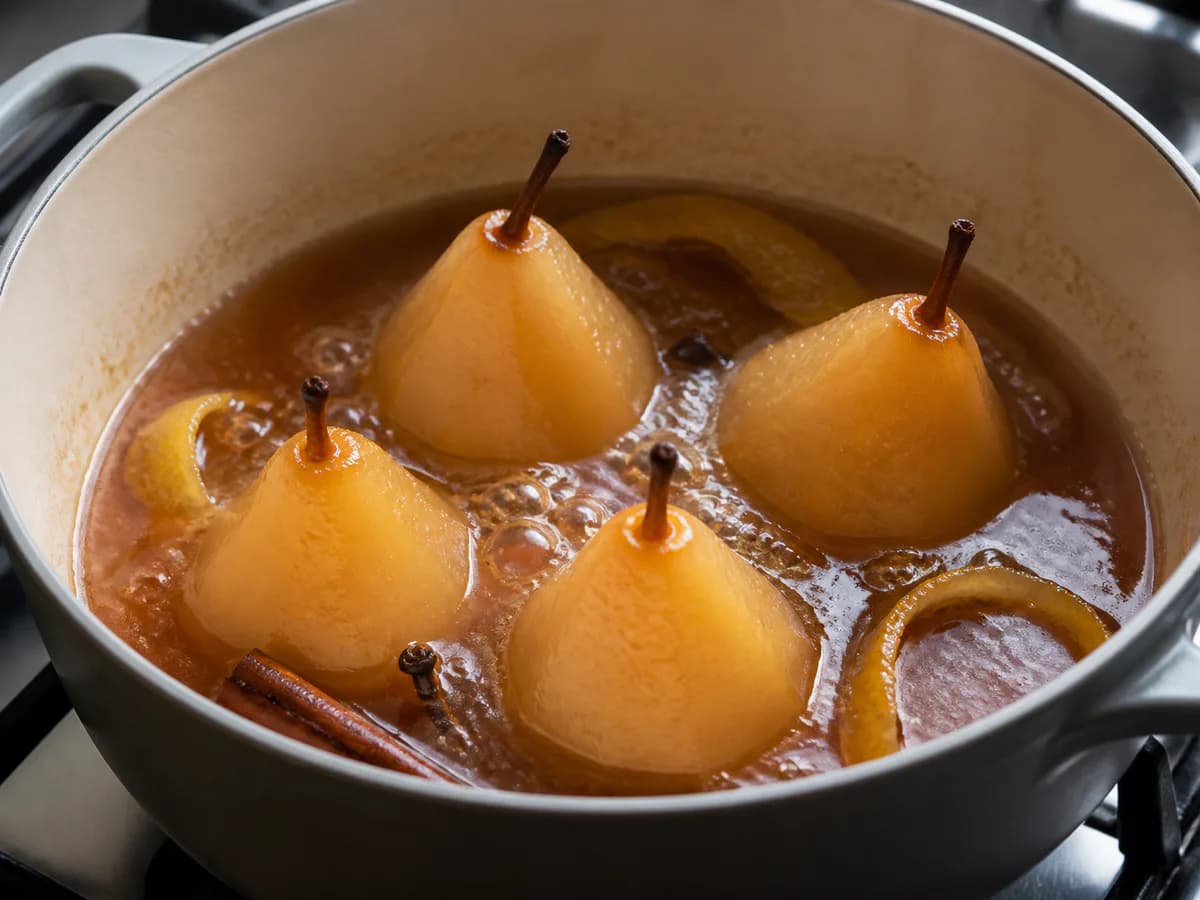 Preparação de Peras Caramelizadas com Vinho do Porto durante a confeção
