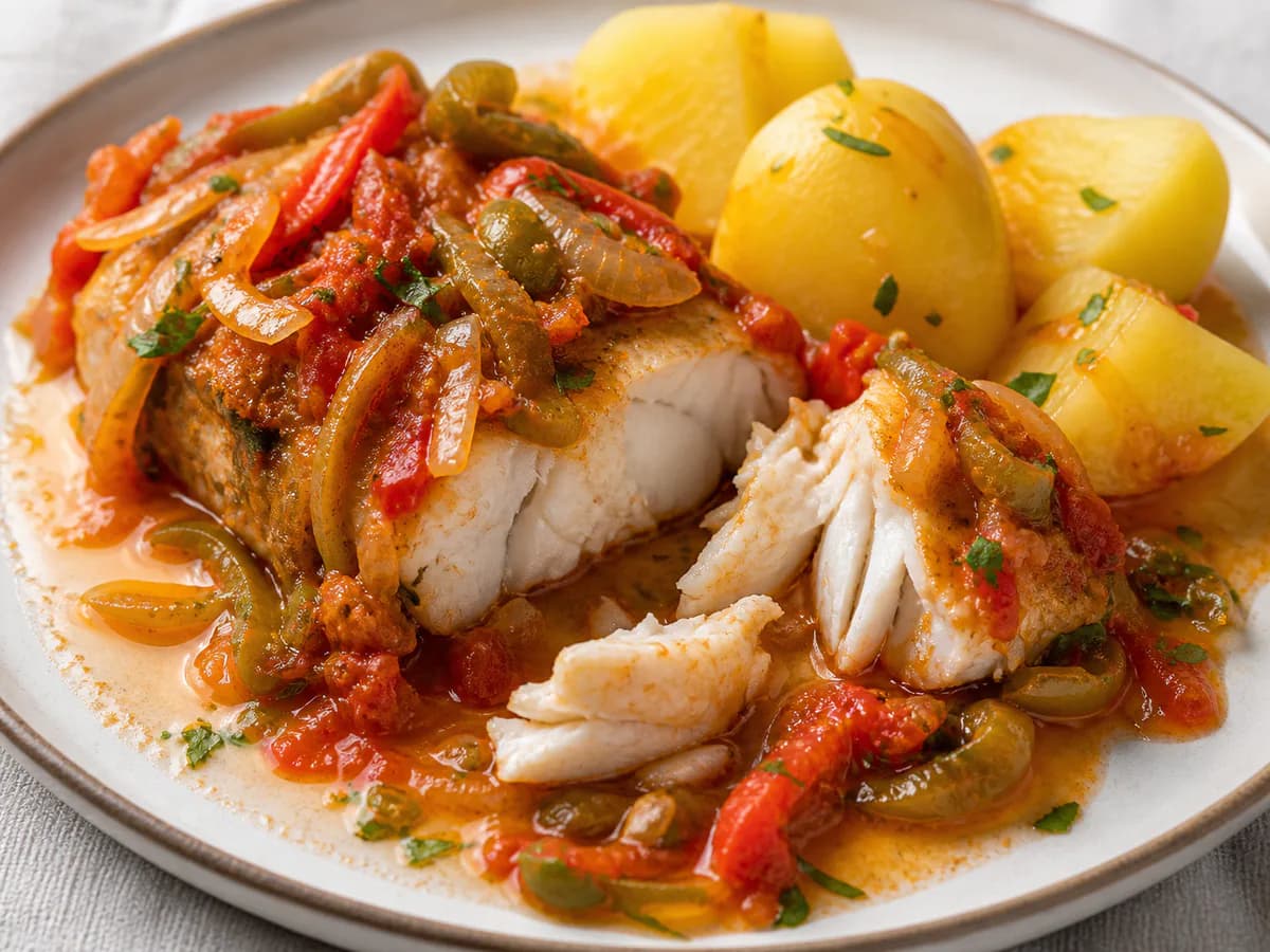 Pormenor de uma porção de Pescada Estufada Pescador