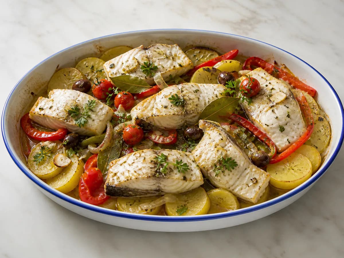 Pescada Assada no Forno com Batatas e Legumes