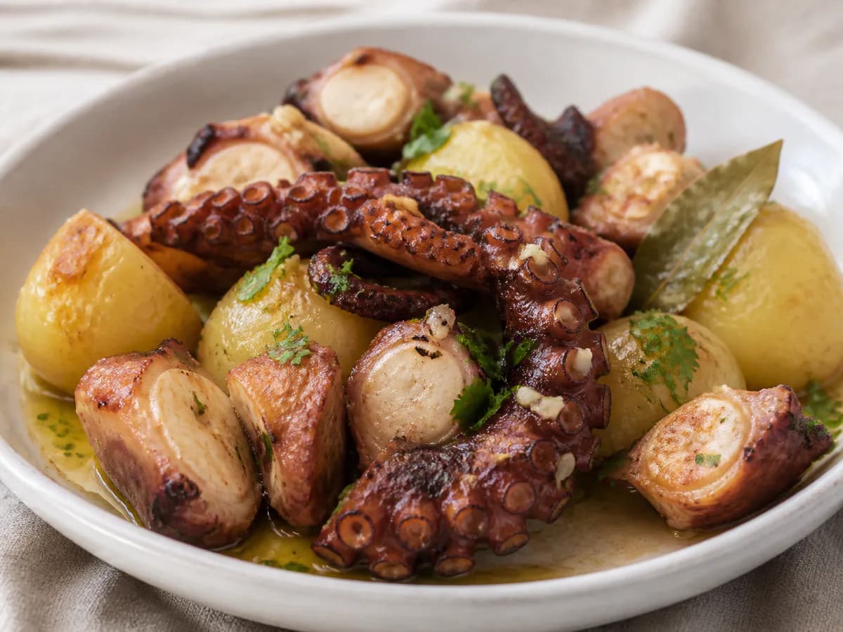 Pormenor de uma porção de Polvo Delicioso à Moda da Costa