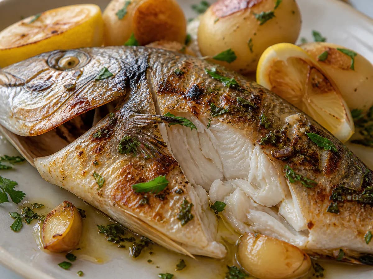 Pormenor de uma porção de Peixe Fresco Grelhado à Moda de Portimão