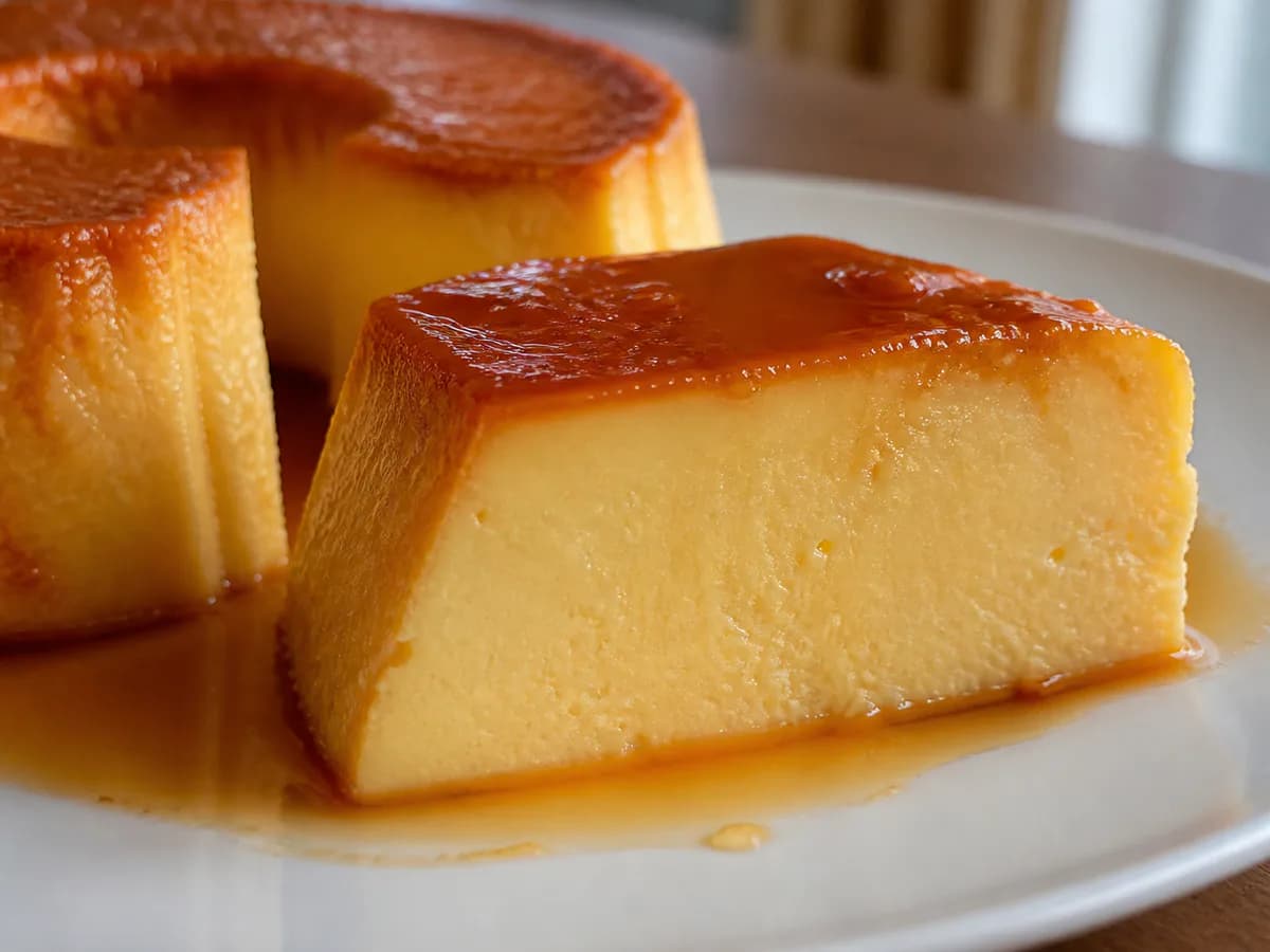 Pormenor de uma porção de Pudim de Queijo Fresco Cremoso