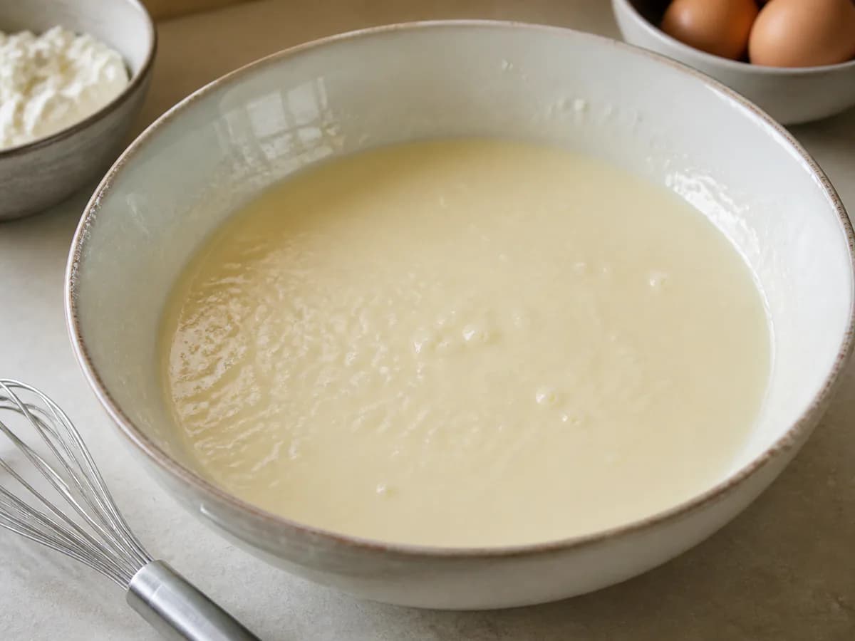 Preparação de Pudim de Queijo Fresco Cremoso durante a confeção
