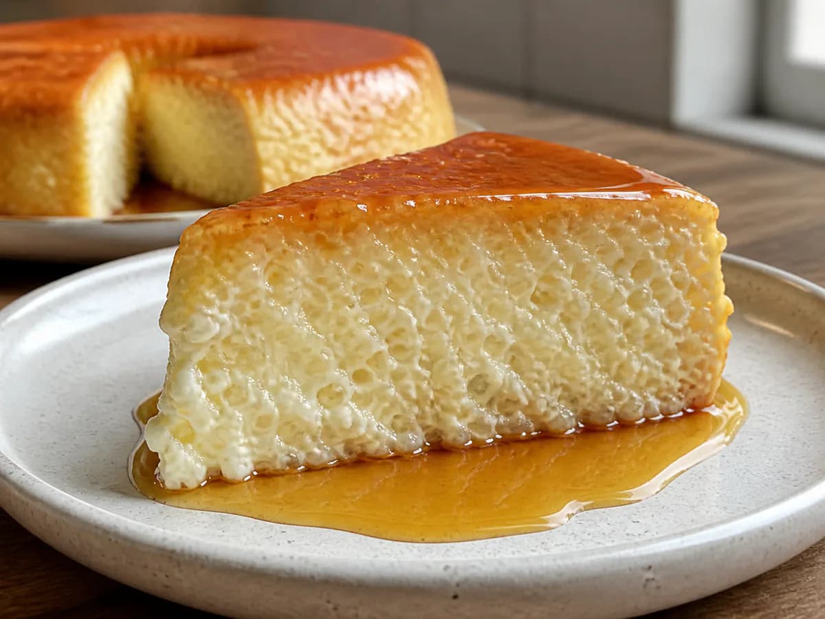Pormenor de uma porção de Pudim de Tapioca Cremoso