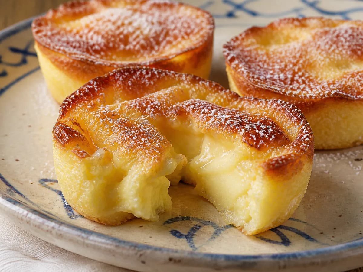 Pormenor de uma porção de Queijadas de Leite Cremosas