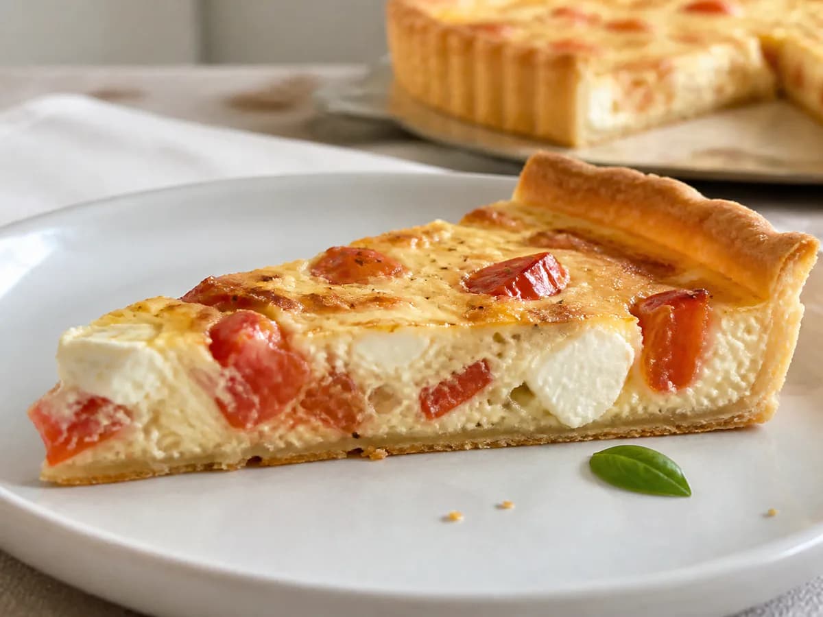 Pormenor de uma porção de Quiche de Tomate e Queijo Fresco