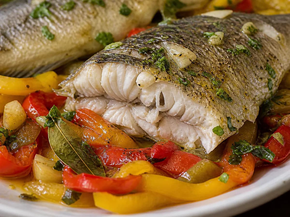 Pormenor de uma porção de Robalo com Pimentos Assados
