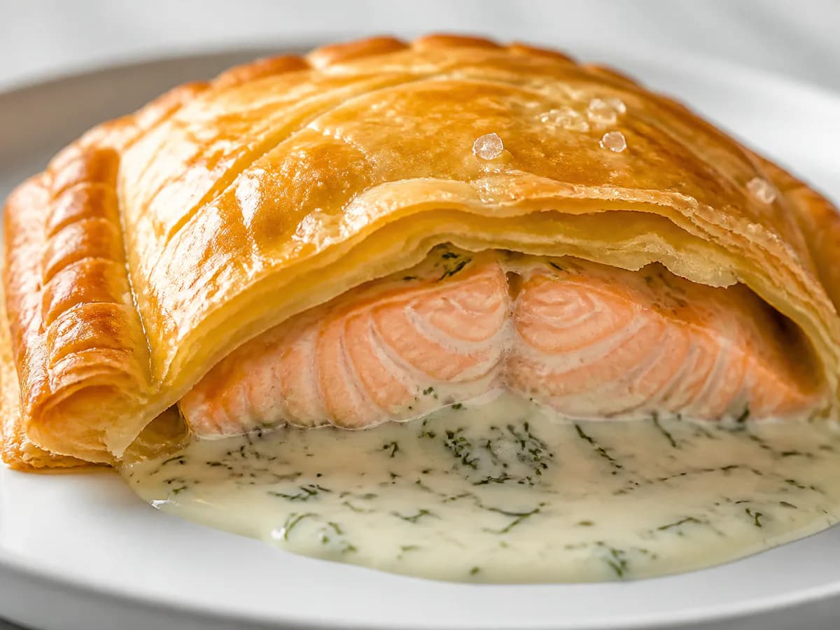 Pormenor de uma porção de Salmão em Massa Folhada com Molho de Limão e Endro