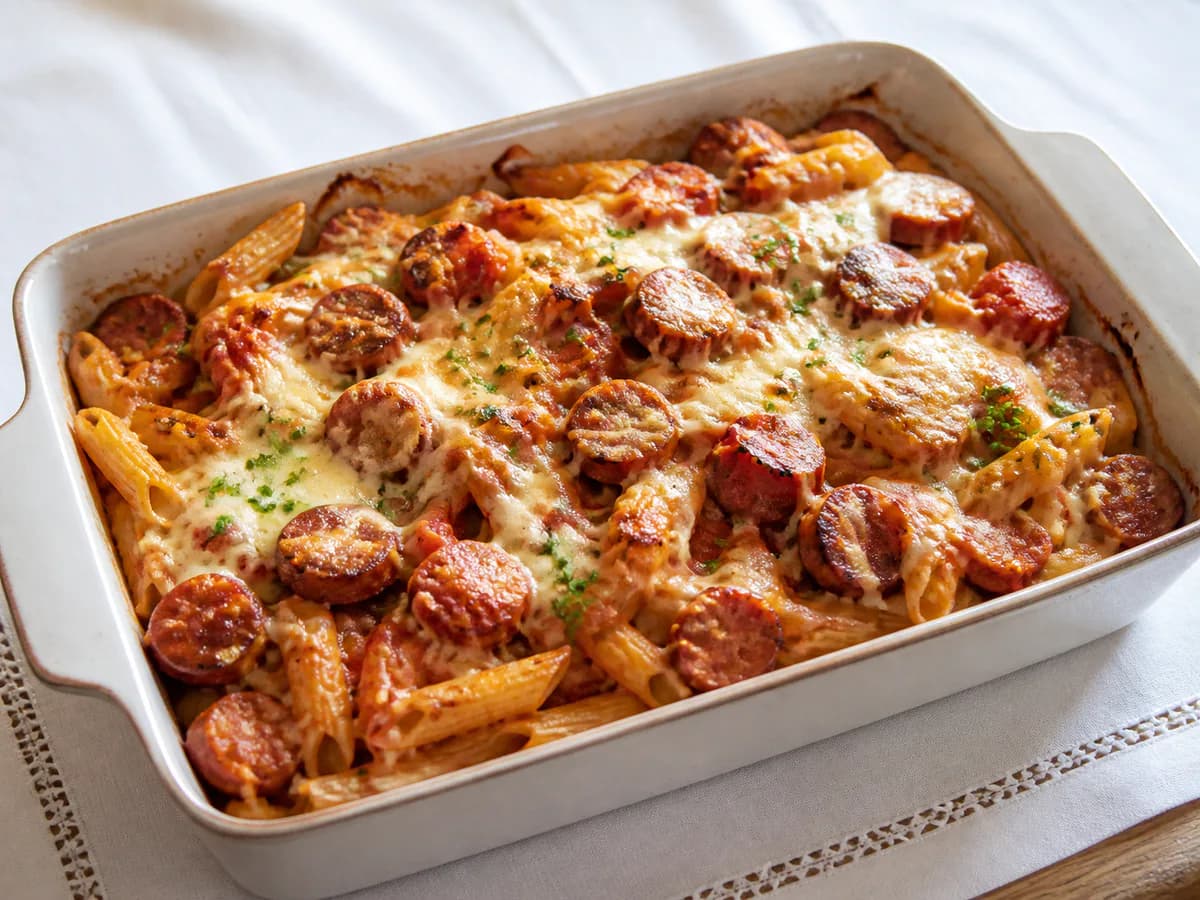 Salsichas Gratinadas com Queijo e Massa