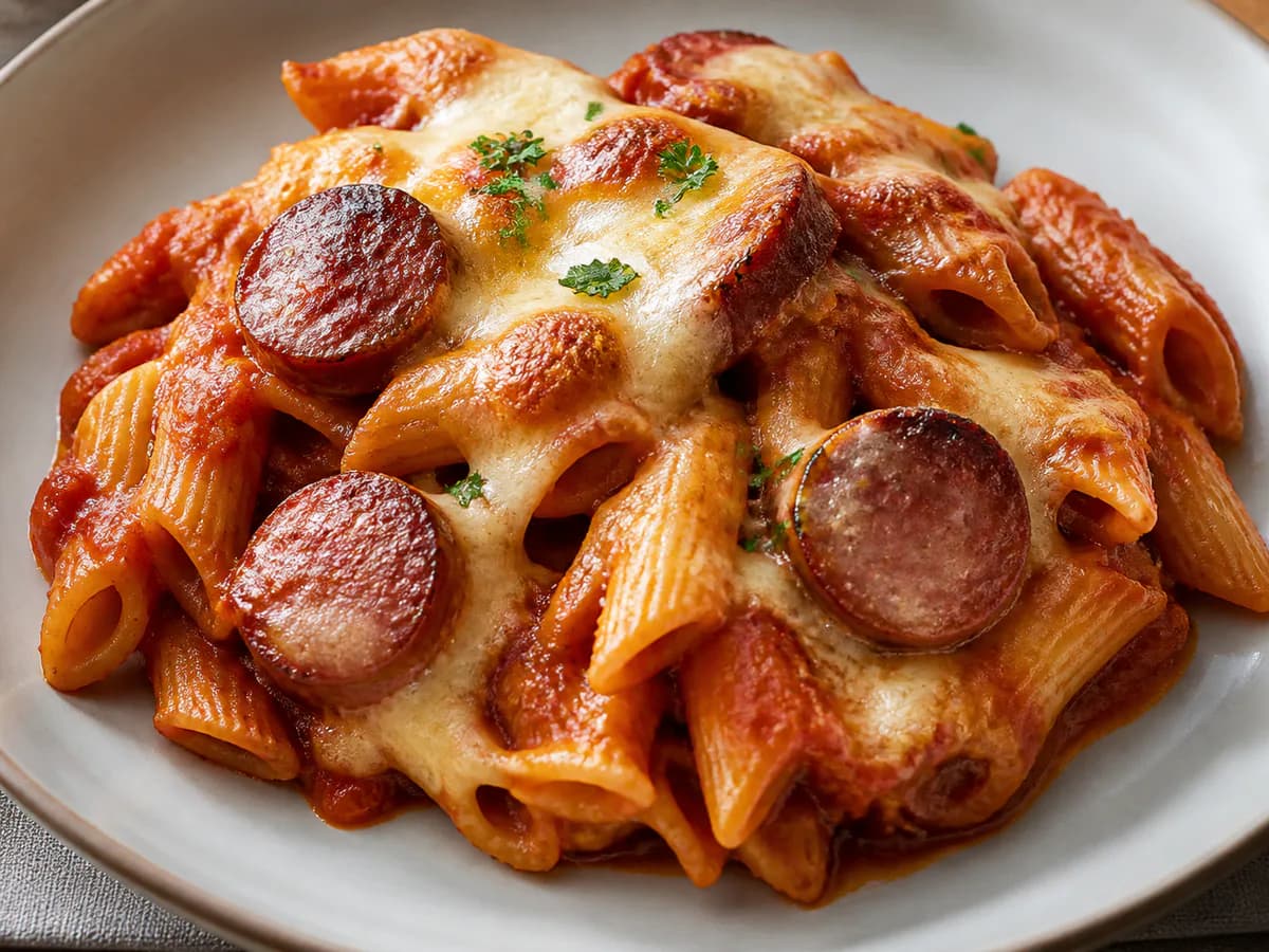 Pormenor de uma porção de Salsichas Gratinadas com Queijo e Massa