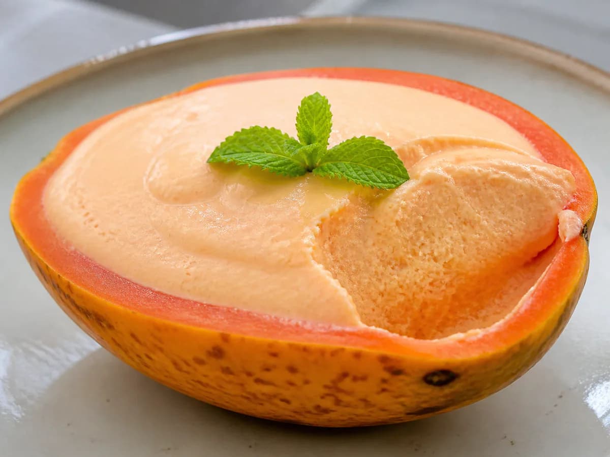 Pormenor de uma porção de Sobremesa de Papaia Refrescante