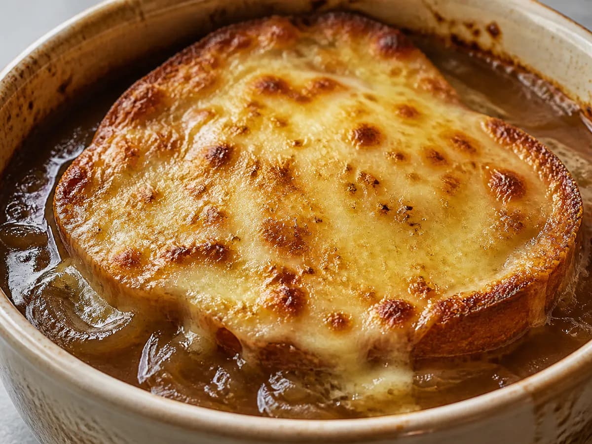 Pormenor de uma porção de Sopa de Cebola Gratinada à Portuguesa