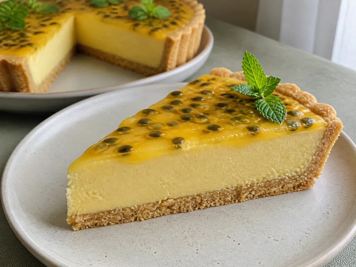 Pormenor de uma porção de Tarte Bombom de Maracujá