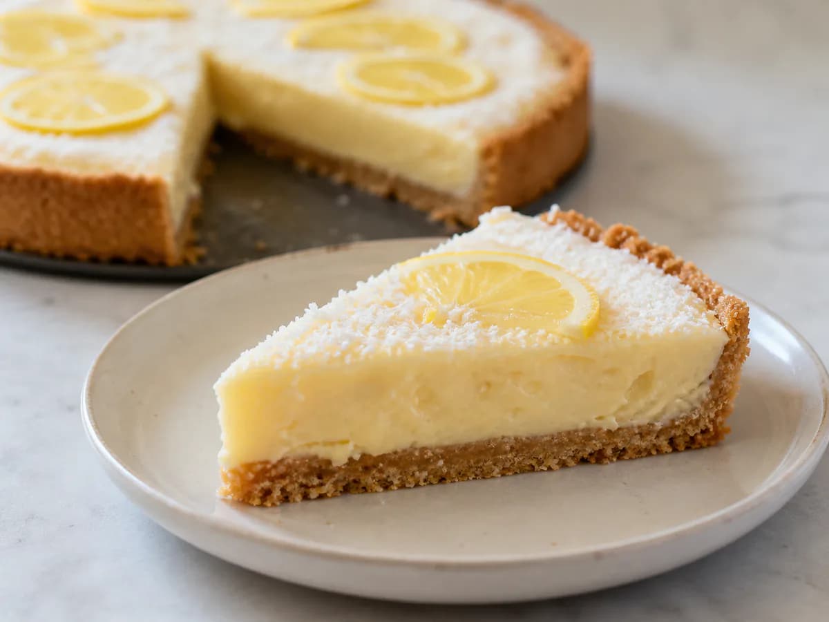Pormenor de uma porção de Tarte Cremosa de Coco e Limão