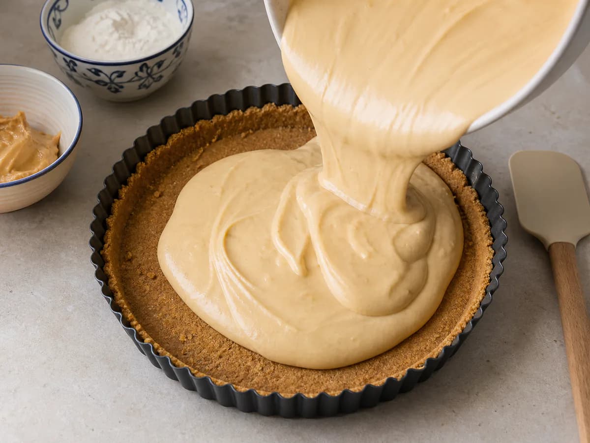 Preparação de Tarte de Amendoim Cremosa durante a confeção