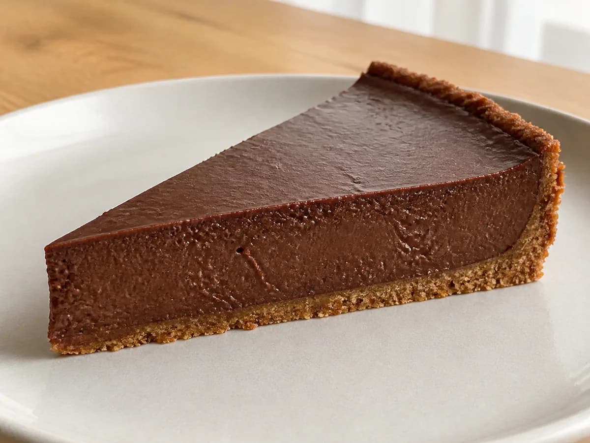 Pormenor de uma porção de Tarte de Chocolate Cremosa