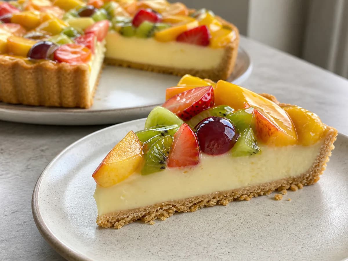 Pormenor de uma porção de Tarte de Fruta Variada
