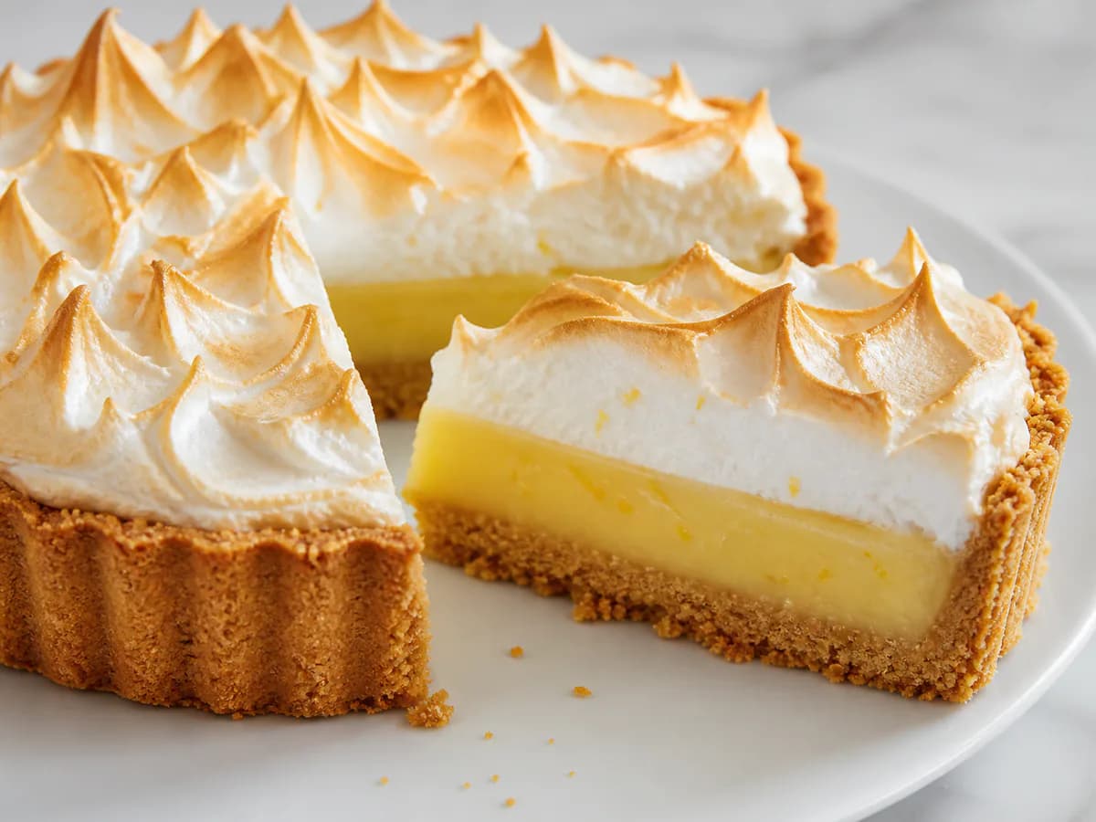 Pormenor de uma porção de Tarte de Limão com Merengue e Mais Sumo