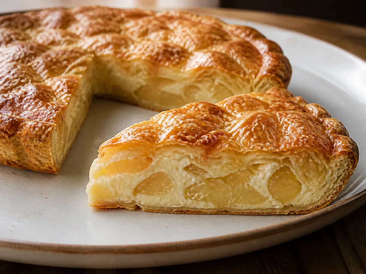 Pormenor de uma porção de Tarte de Maçã Cremosa