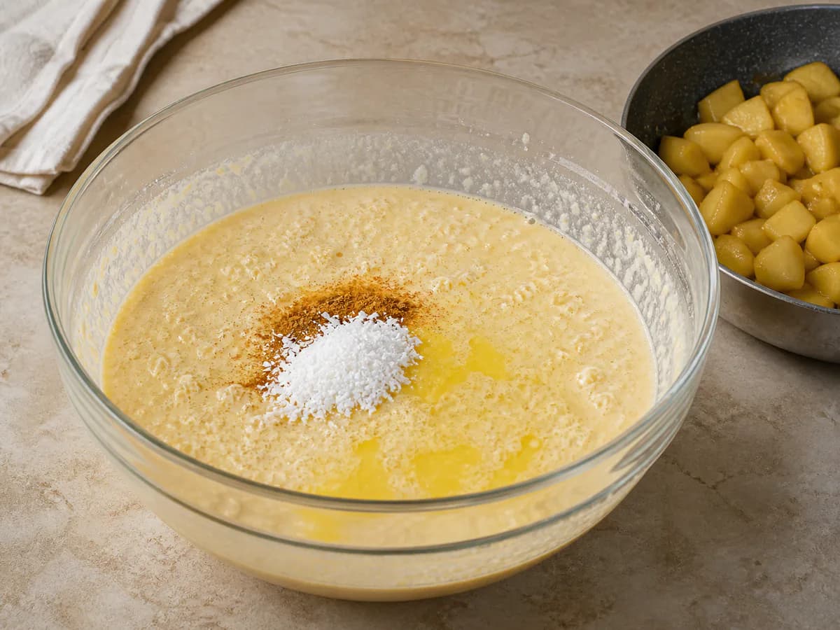 Preparação de Tarte de Maçã e Coco durante a confeção