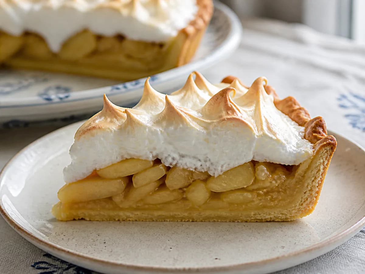 Pormenor de uma porção de Tarte de Maçã Merengada
