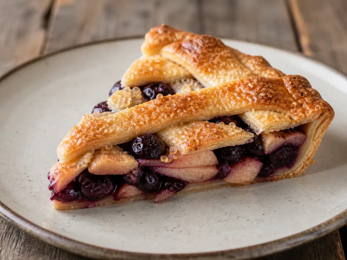 Pormenor de uma porção de Tarte de Maçãs e Mirtilos