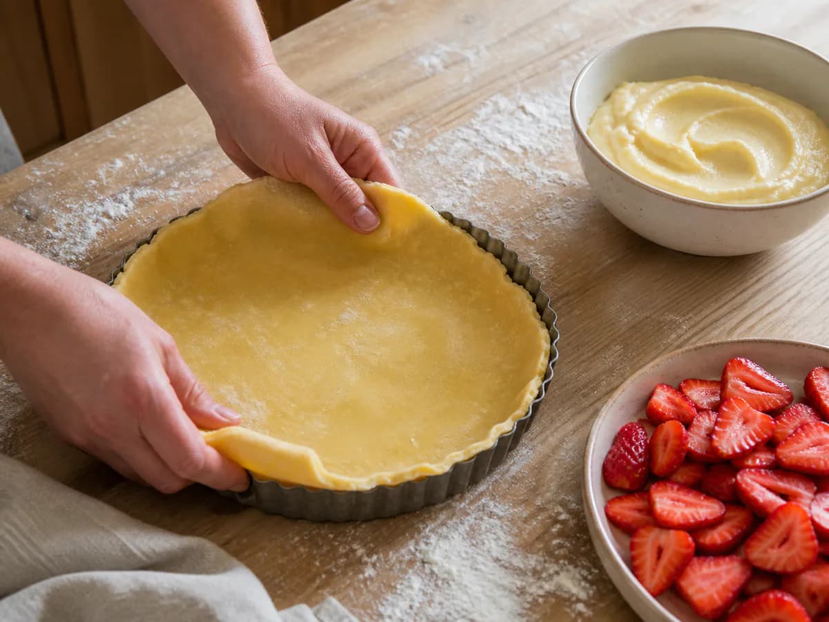 Preparação de Tarte de Morangos Frescos durante a confeção