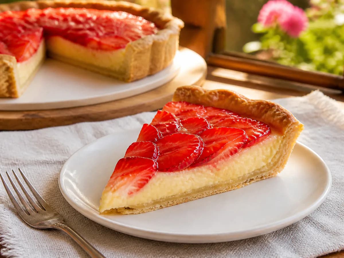 Pormenor de uma porção de Tarte de Morangos Frescos