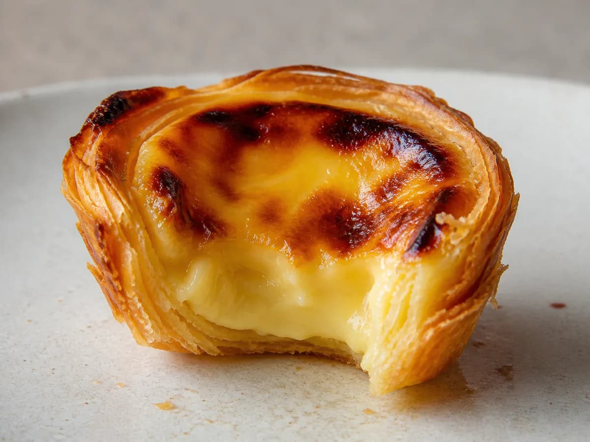 Pormenor de uma porção de Pastéis de Nata com Creme de Farinha